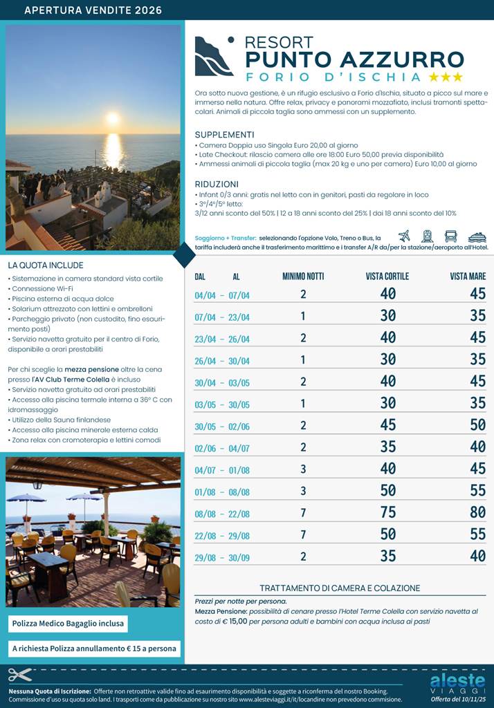 resort punto azzurro apertura vendite 2026